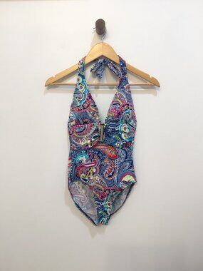 Liz Claiborne Paisley Halter One Piece Swimsuit Gold Hardware 6 Resort